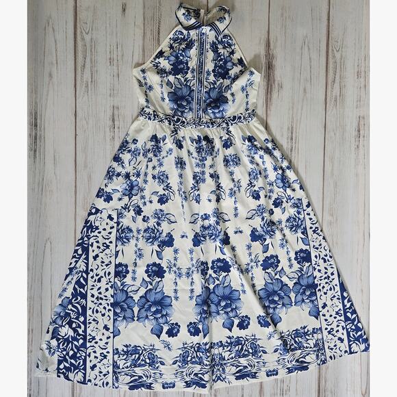 Halter Neck A Line Elegant Floral Print Blue and White Maxi Dress sz XL - Picture 1 of 4